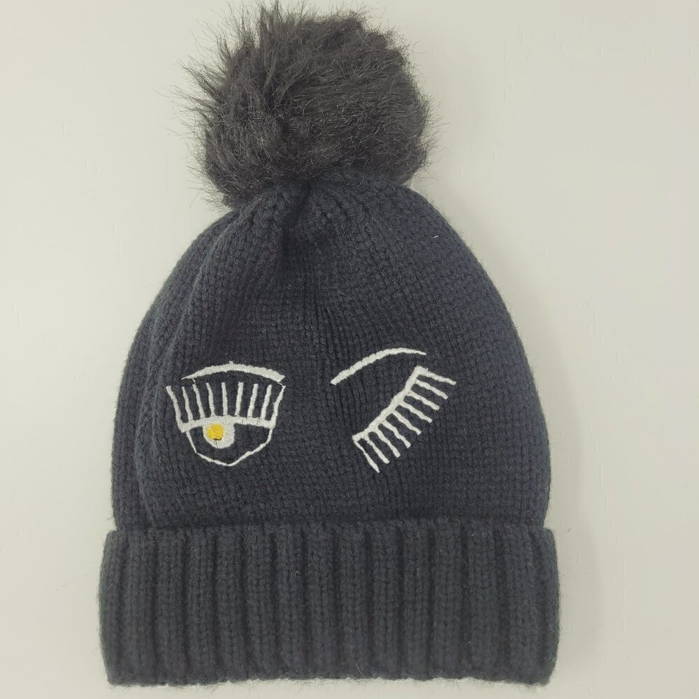 Cara New York Black Ribbed Pom Pom Embroidered Winking Knit Beanie